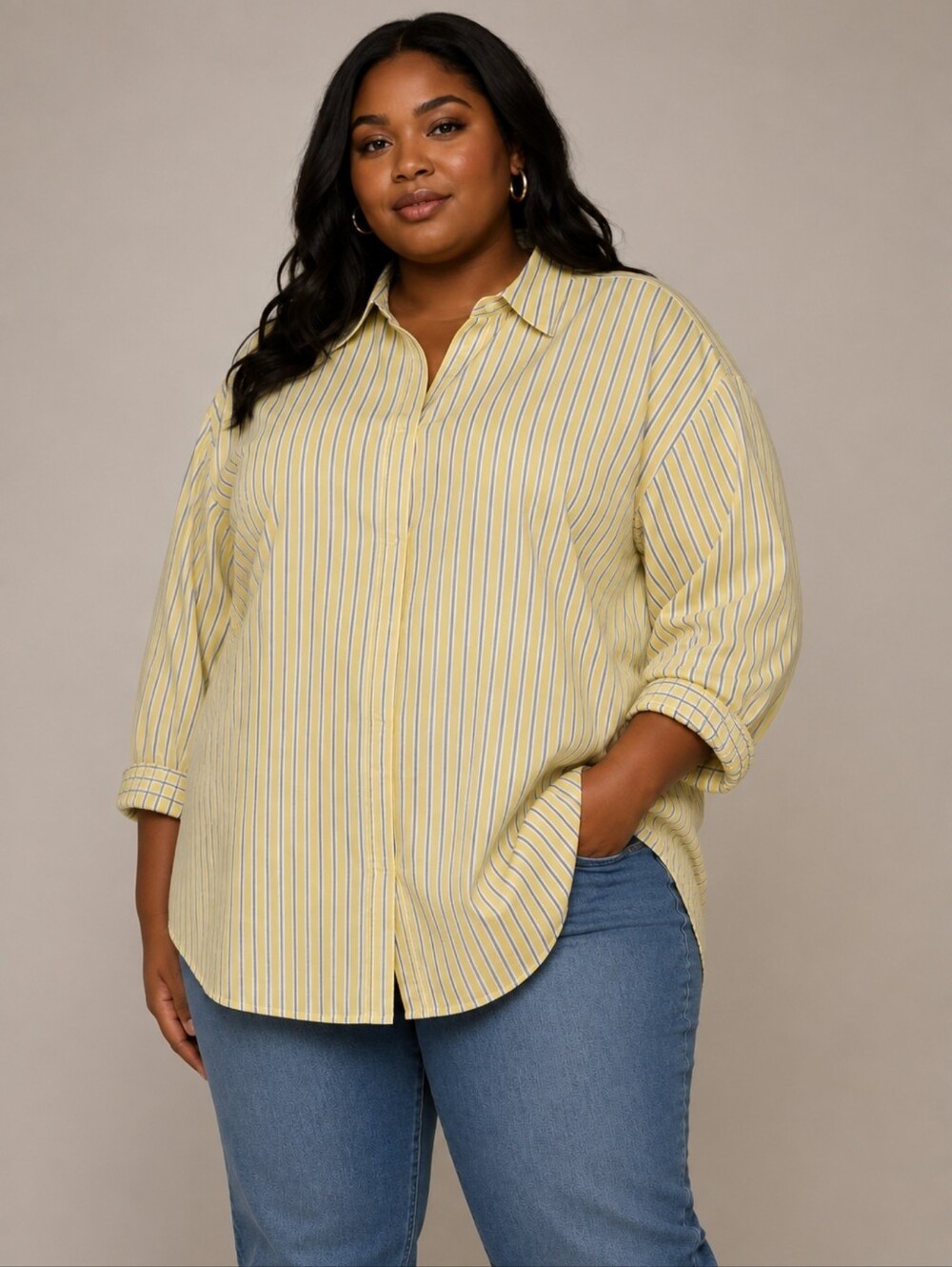 KBB by Kahlana Women's Long Sleeve Button-Down 'The Wrap Shirt Yellow StripedS